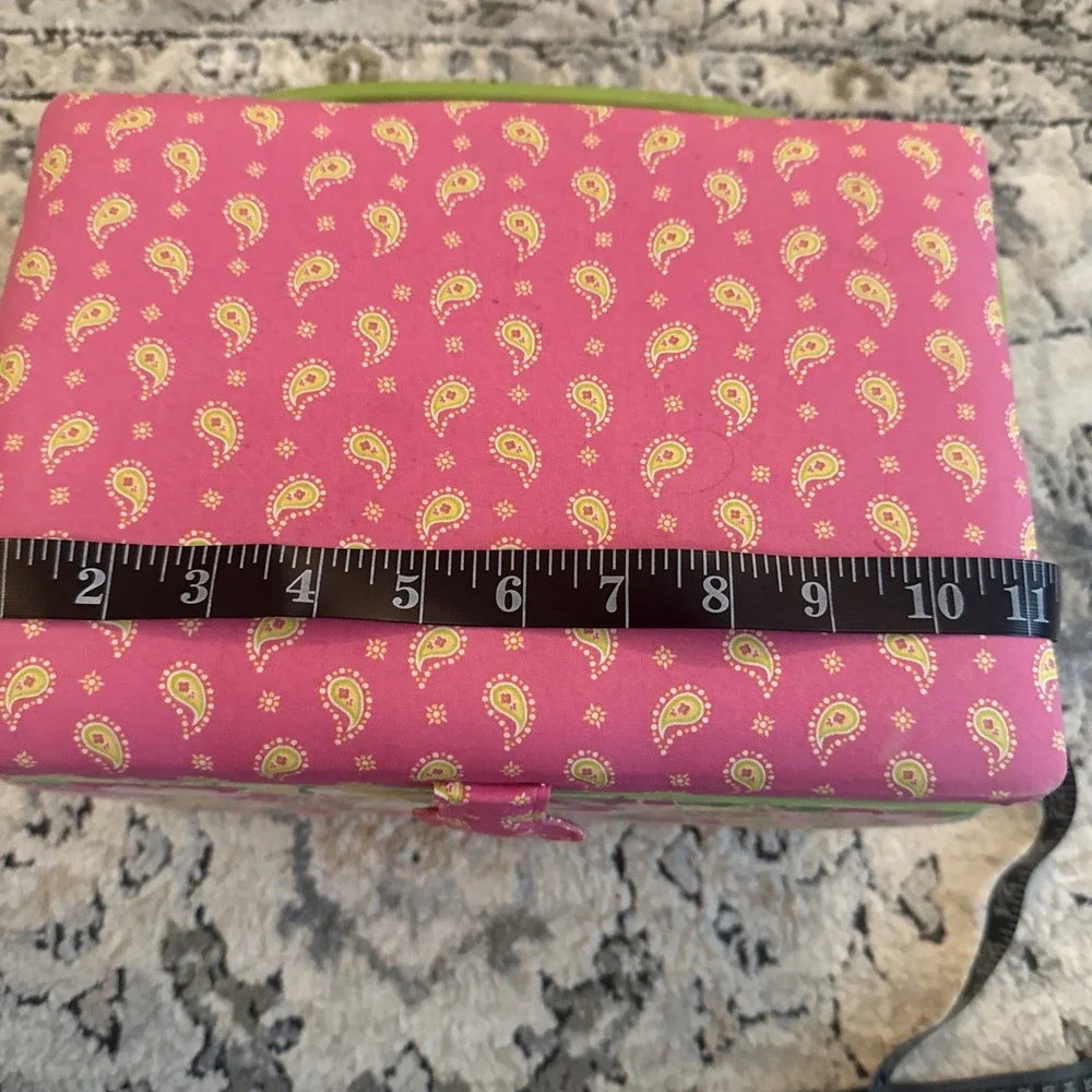 Vintage Y2K Sewing Basket Green Pink Floral Tapestry w/Inside Tray Handle Padded